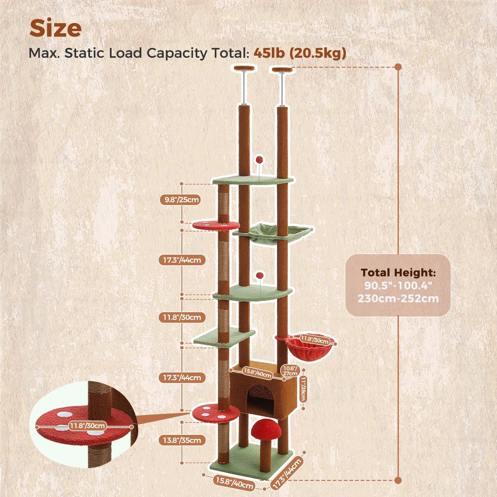 Adjustable Floor-to-Ceiling Cat Tree Tower – Tall Indoor Cat Furniture with Hammock, Cozy Condo & Sisal Scratching Posts
