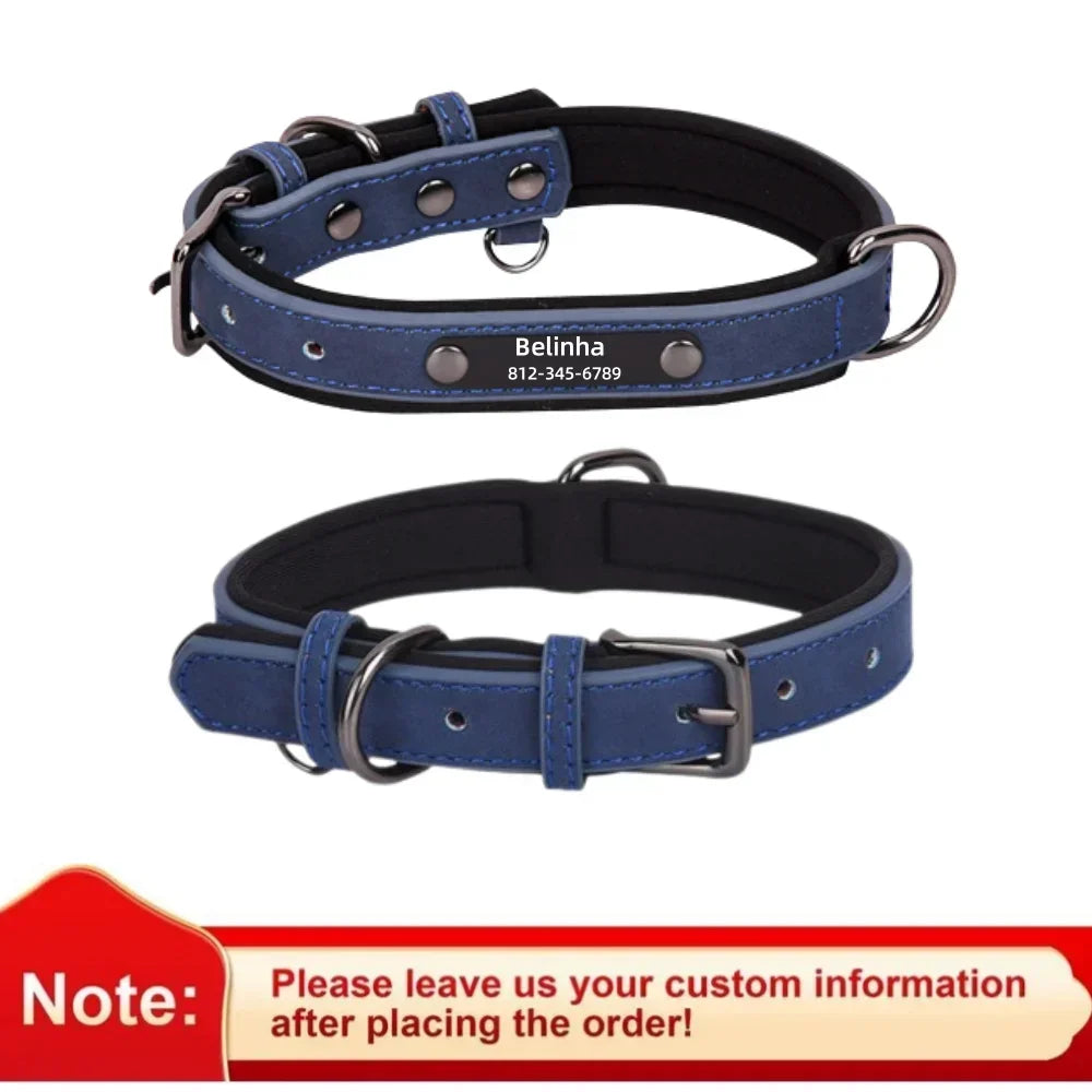 ersonalized Leather Dog Collar with Engraved ID Nameplate – Soft Padded Custom Collar for Small, Medium & Large Dogs