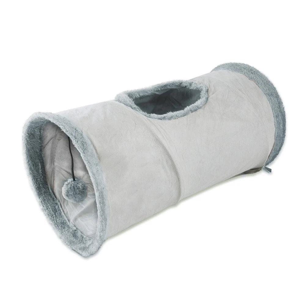 Plush Foldable Cat Tunnel – Warm Winter Play Tube with Hanging Ball for Cats, Kittens, Puppies & Small Pets
