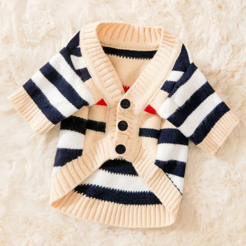 Luxury Striped Pet Cardigan Sweater – Warm Knit Outfit for Small Dogs & Cats (Chihuahua, Bichon Frise, Puppies & Kittens)