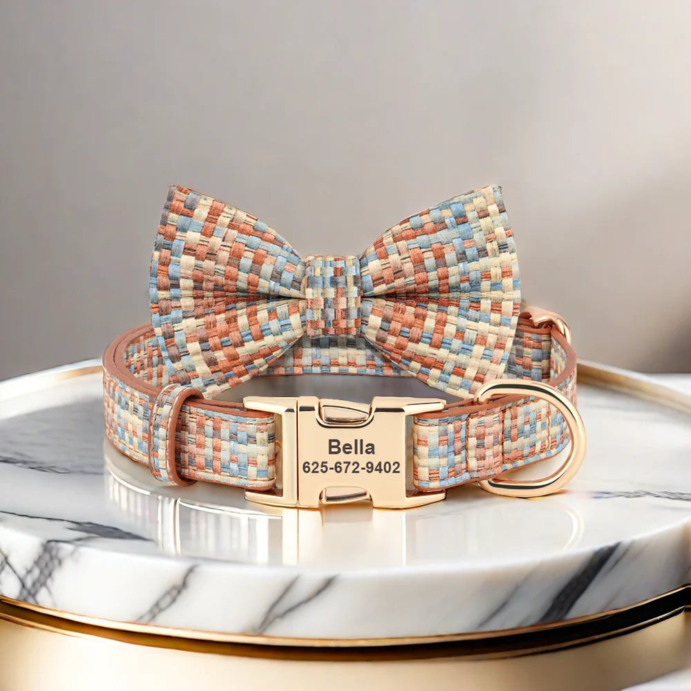 Personalized Plaid Leather Dog Collar with Bowknot – Custom Engraved Pet Collar for Small, Medium & Large Dogs