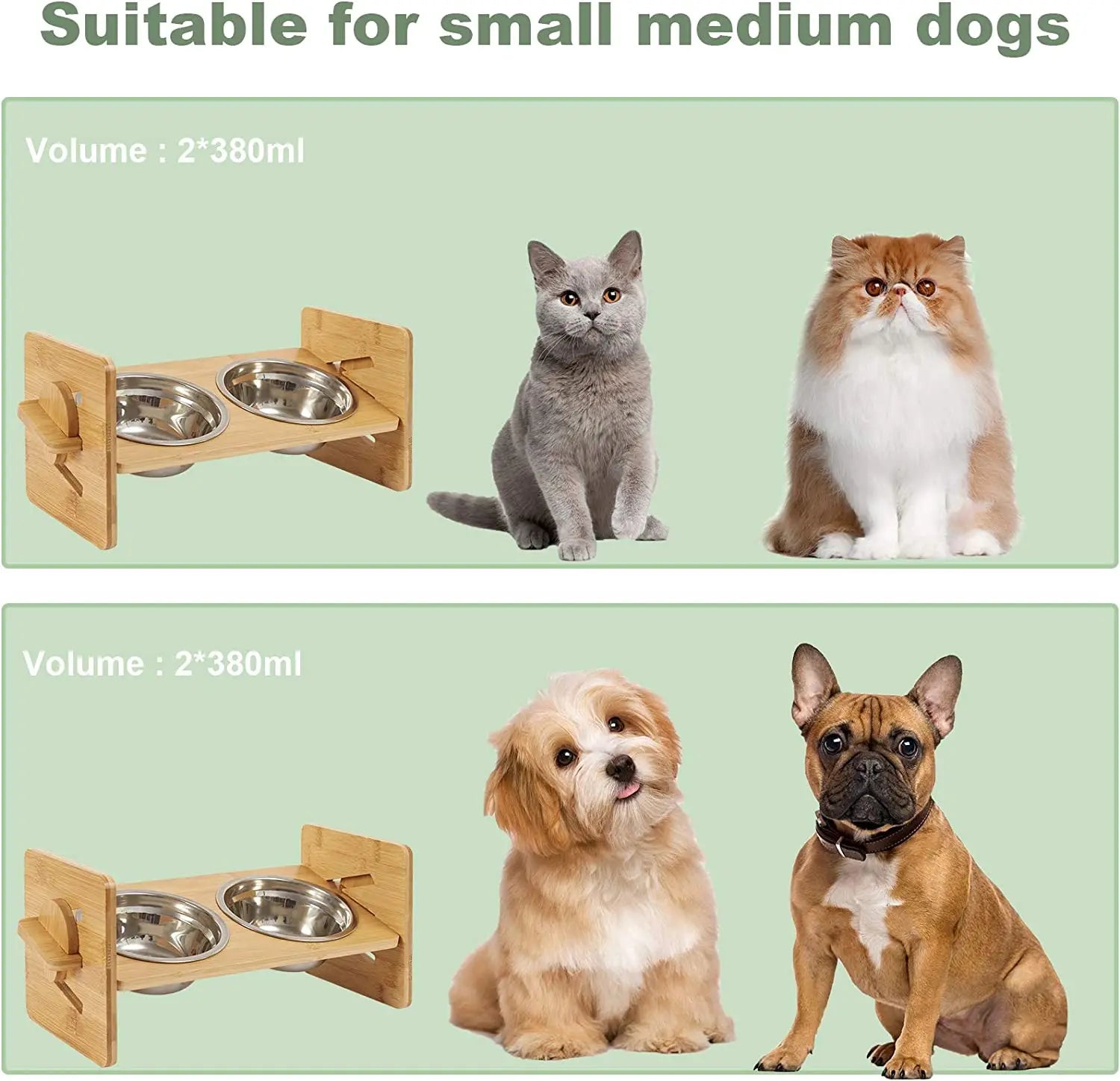 Adjustable Wooden Raised Cat Bowls – Bamboo Stand with Stainless Steel Dishes