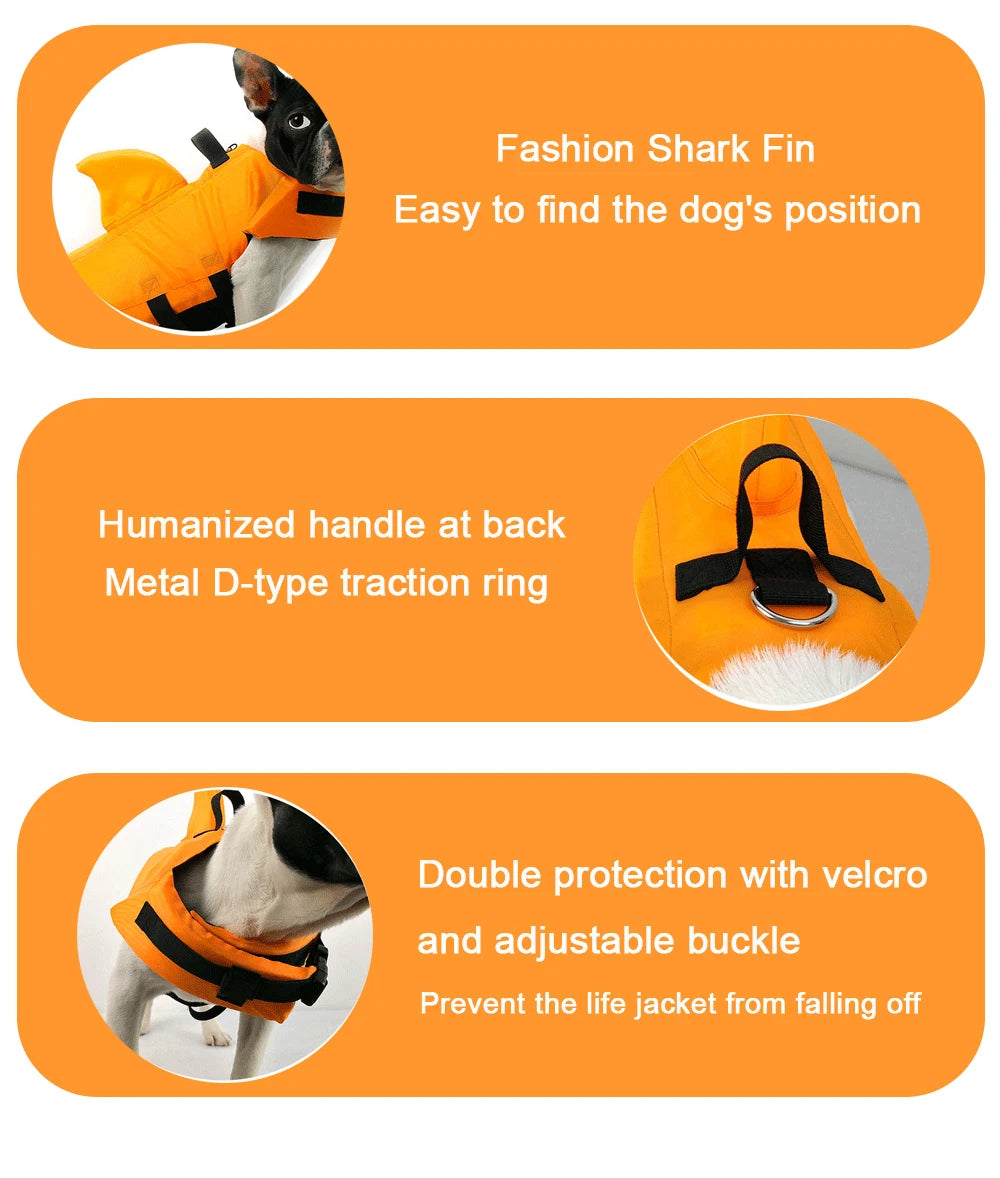 Shark Dog Life Jacket – Enhanced Buoyancy Safety Vest with Handle for Small, Medium & Large Dogs