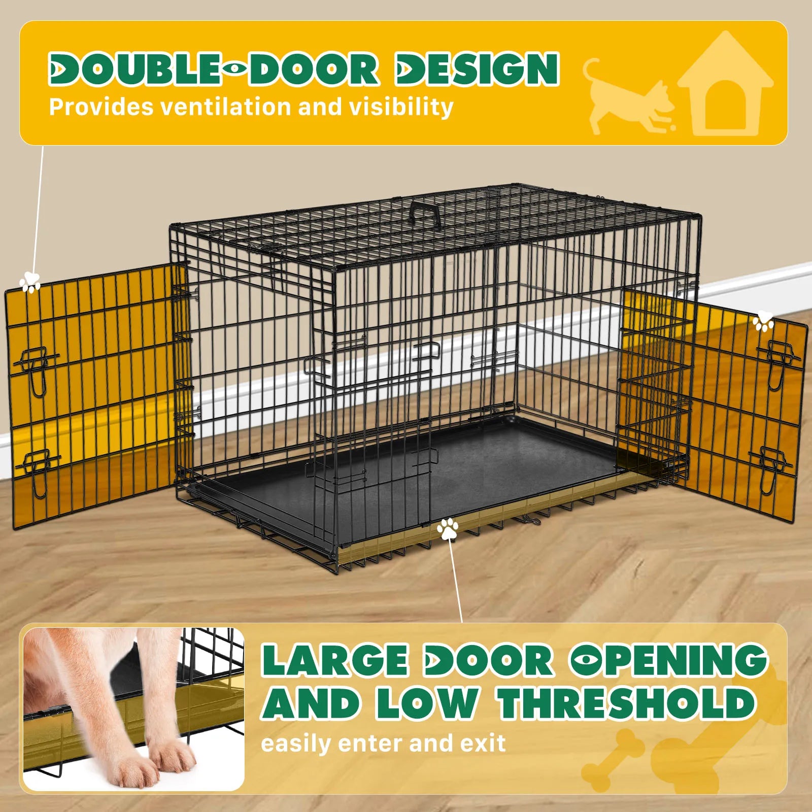 JHK Folding Double Door Dog Crate – XL Metal Wire Cage with Leak-Proof Tray for Indoor & Travel Use