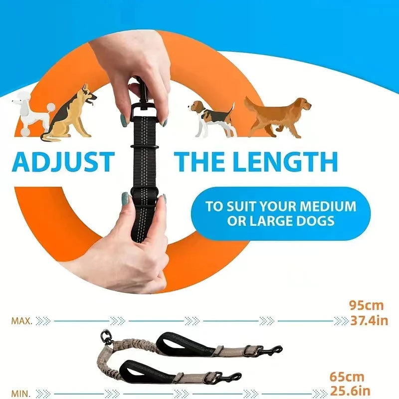 Dual Dog Leash Coupler – No-Tangle Bungee Leash with Comfort Padded Handles, 360° Swivel, Reflective & Shock Absorbing Training Lead
