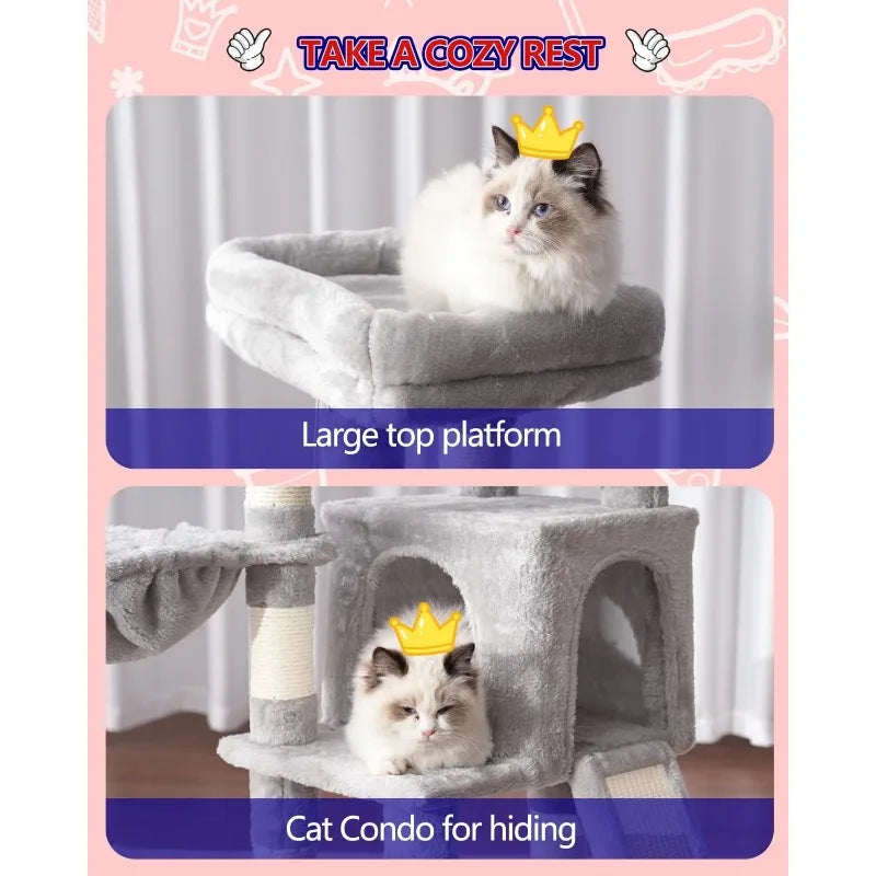 Cat Tree Tower with Condo, 2 Baskets, Large Platform, Scratch Board & Scratching Posts – Ideal for Indoor Cats