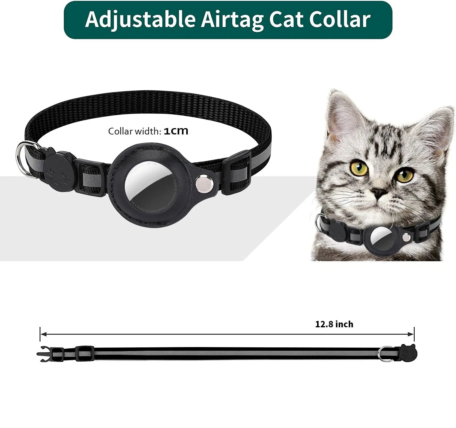 Cat AirTag Holder Collar – Breakaway Adjustable Kitten Collar with Reflective Strips, Waterproof Bell & AirTag Case