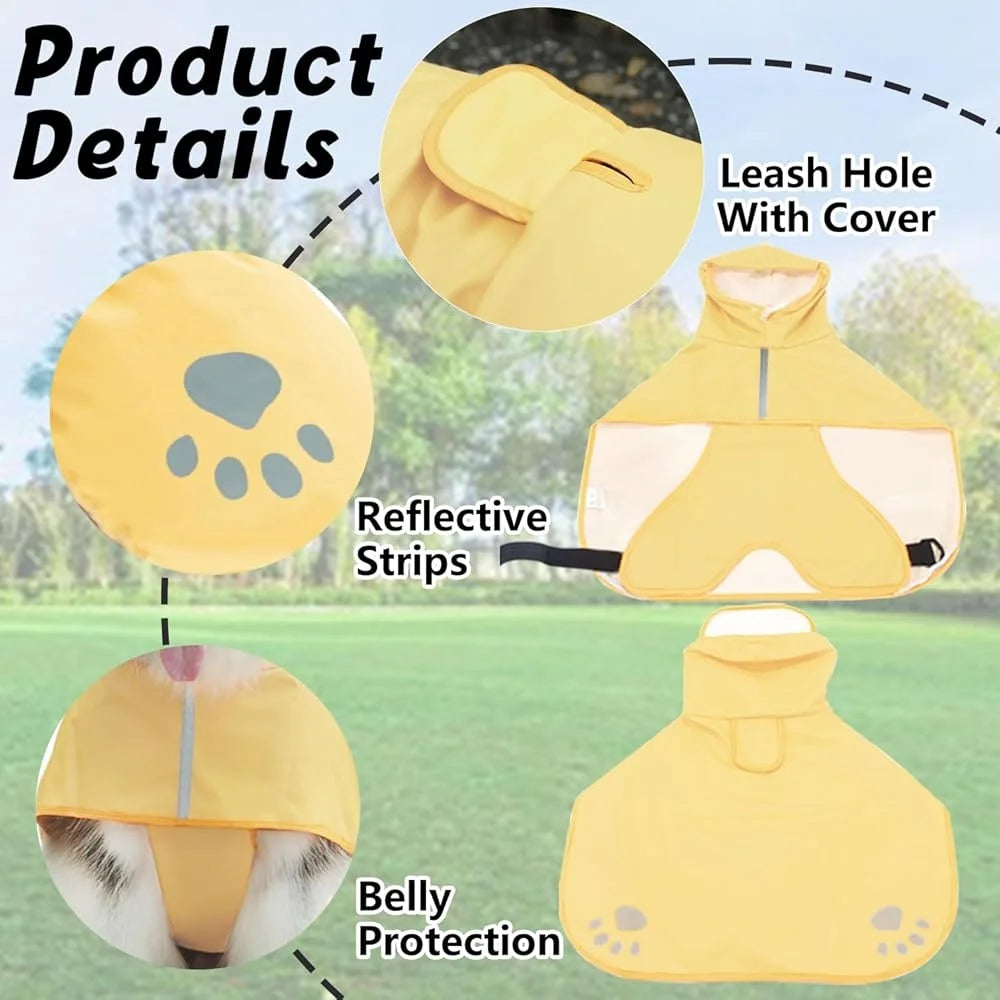 Dog Raincoat with Hood – Lightweight Waterproof Pet Jacket with Reflective Stripes, Adjustable Belly Strap & Leash Hole