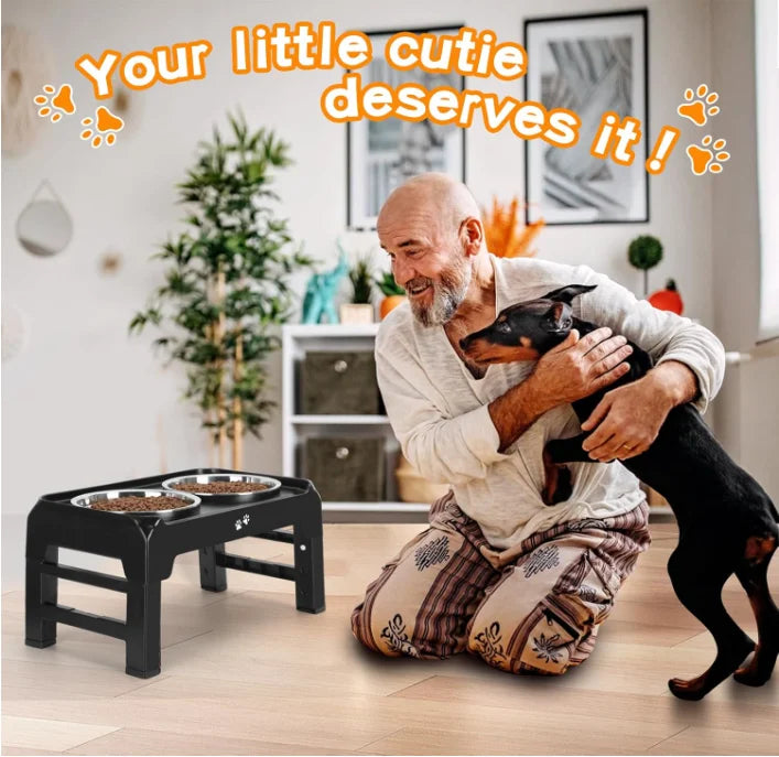 Adjustable Raised Dog Bowl Set – 2 Stainless Steel 50oz Bowls with Foldable Stand