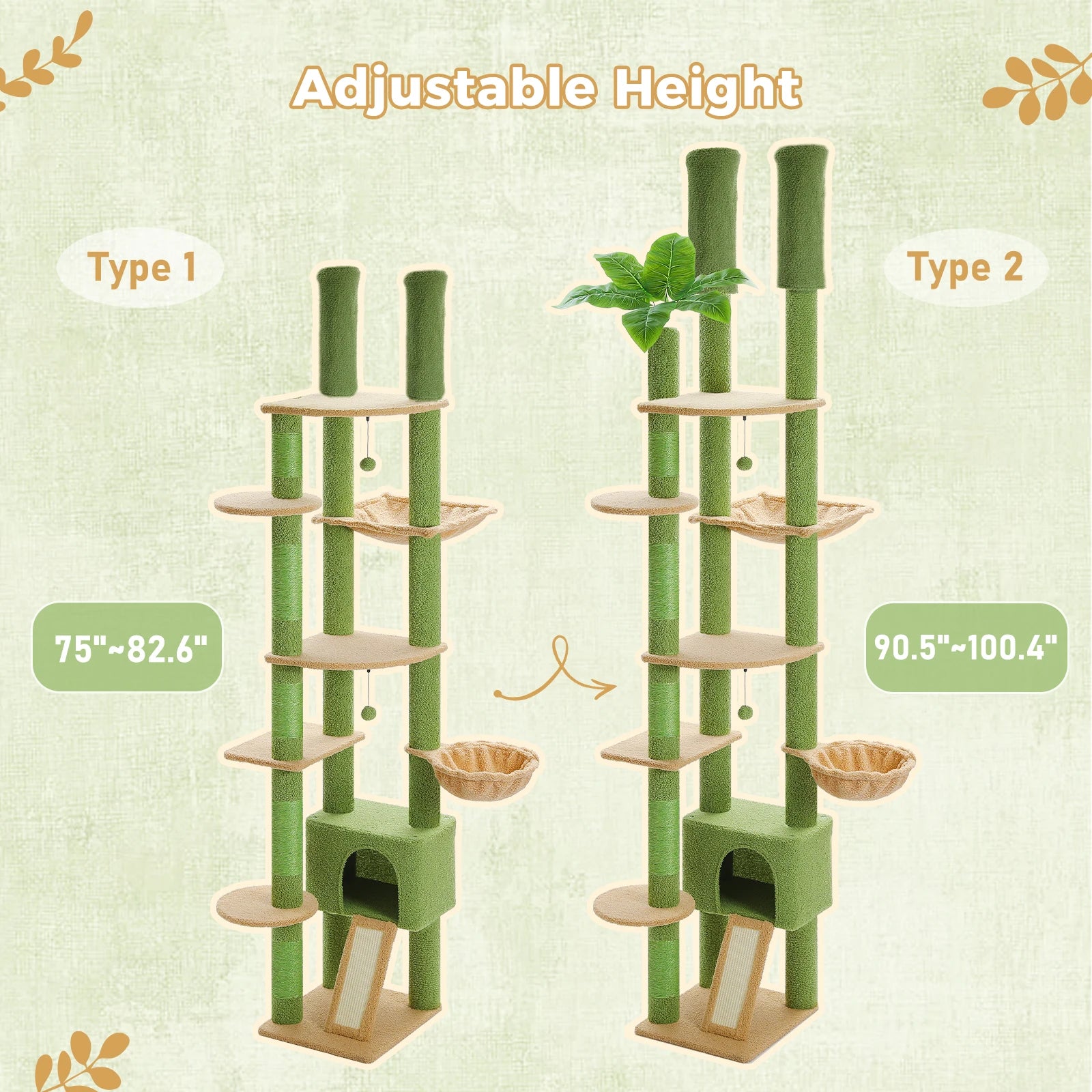 Adjustable Floor-to-Ceiling Cat Tree Tower – Tall Indoor Cat Furniture with Hammock, Cozy Condo & Sisal Scratching Posts