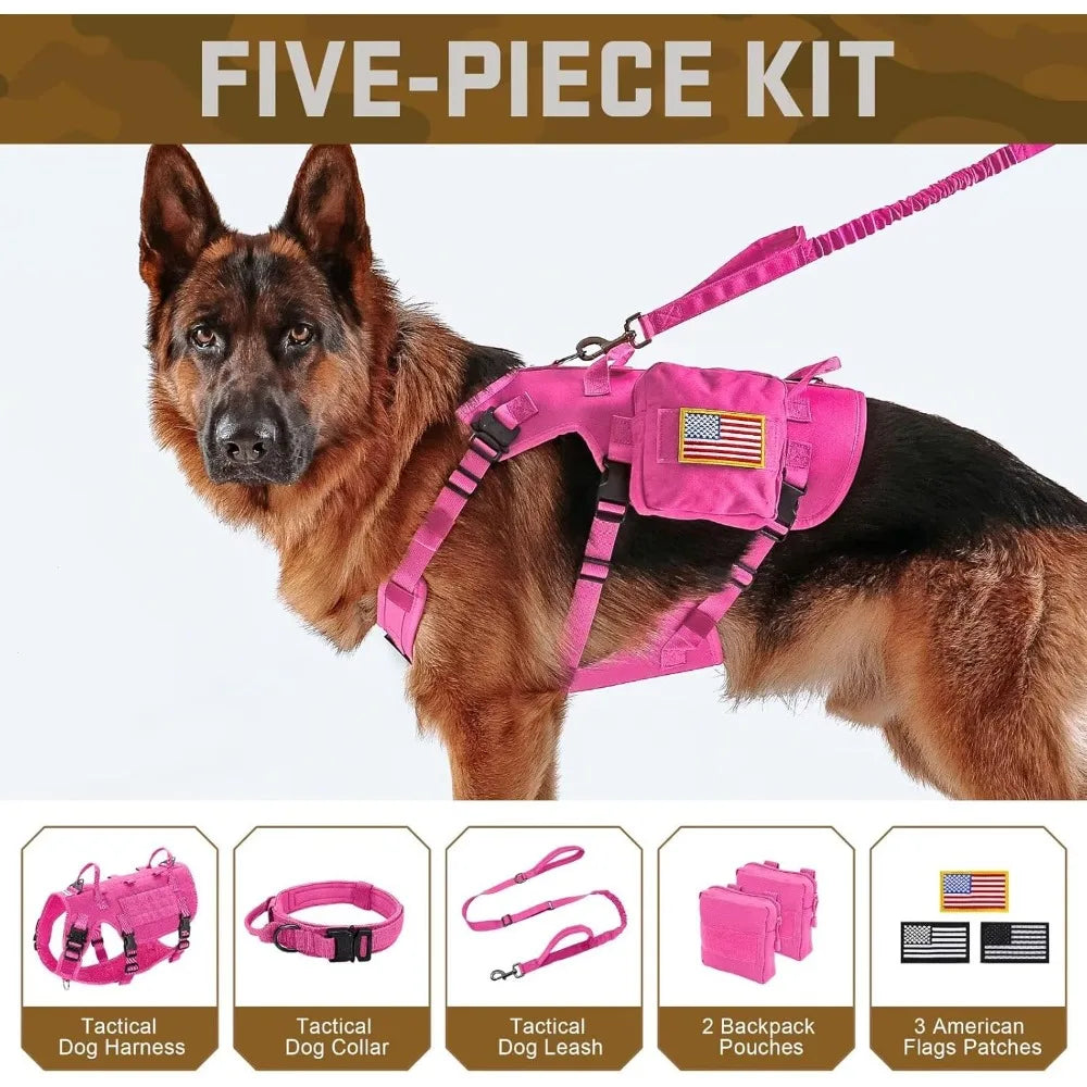 π Pink Tactical Dog Harness Set β No-Pull Military-Grade Gear for Large Dogs