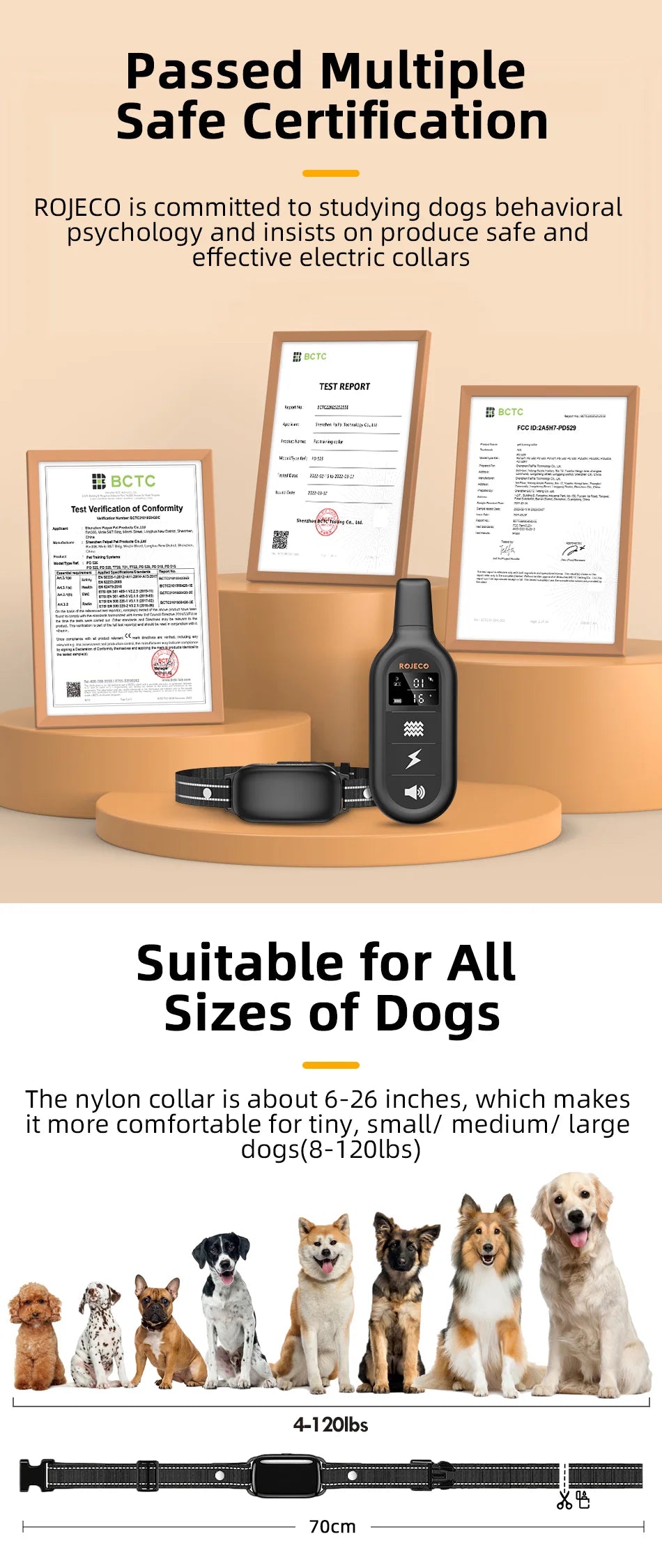 ROJECO Rechargeable Dog Training Collar – IPX7 Waterproof with Remote, Vibration & Shock Modes
