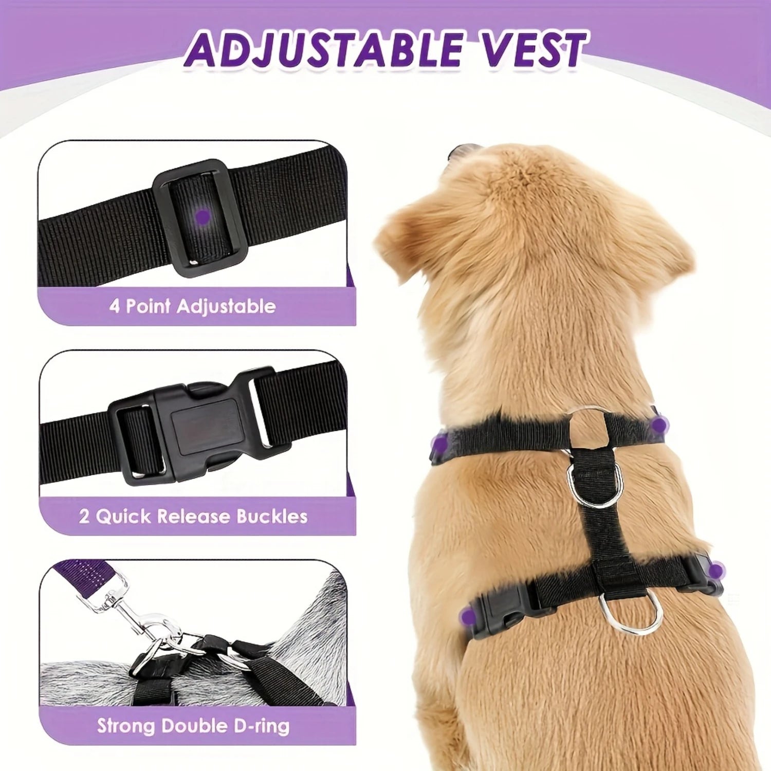 Dog Car Safety Harness Set – Adjustable Breathable Vest with Vehicle Seatbelt Connector for Travel Protection