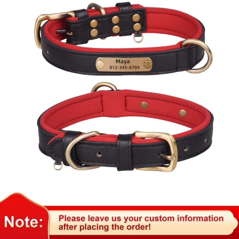 ersonalized Leather Dog Collar with Engraved ID Nameplate – Soft Padded Custom Collar for Small, Medium & Large Dogs