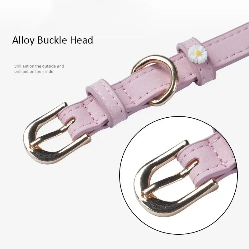 PU Leather Dog Collar with Daisy Decoration – Comfortable Pet Collar for Small Dogs and Cats