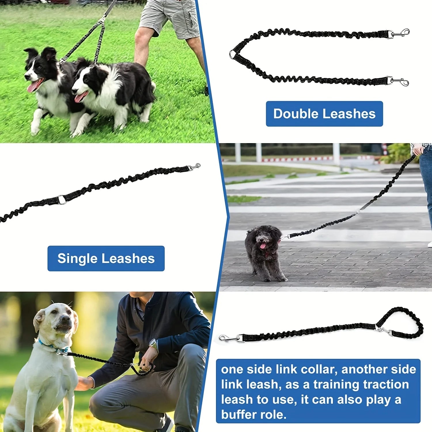 No-Tangle Double Dog Leash – Shock Absorbing Reflective Bungee Coupler for Two Dogs