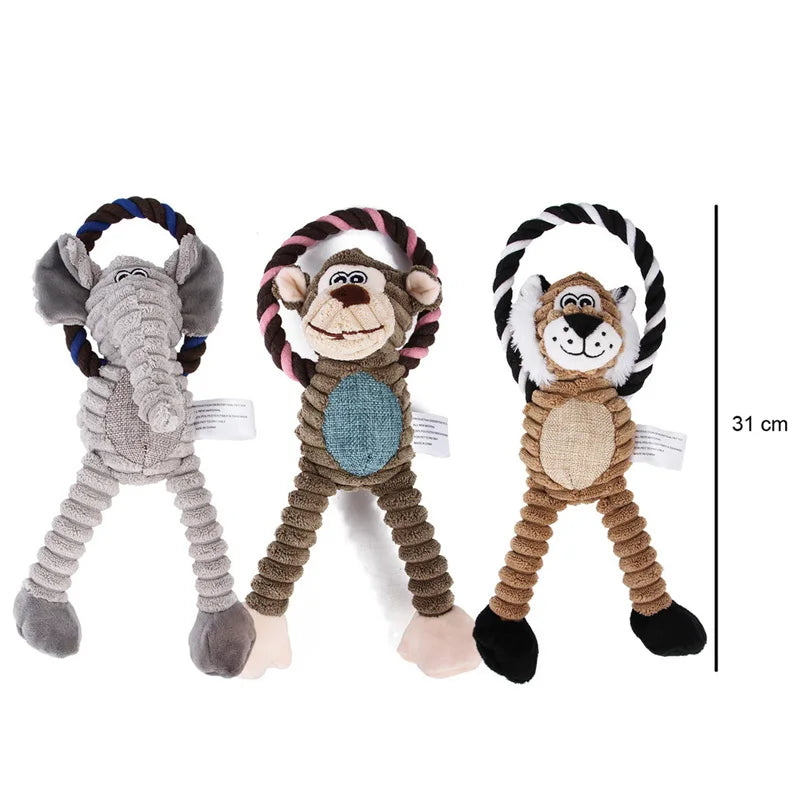 Dog Plush Squeaky Animal Toys – Bite-Resistant Chew Toys for Interactive Play & Dental Health (Lion, Elephant, Monkey)