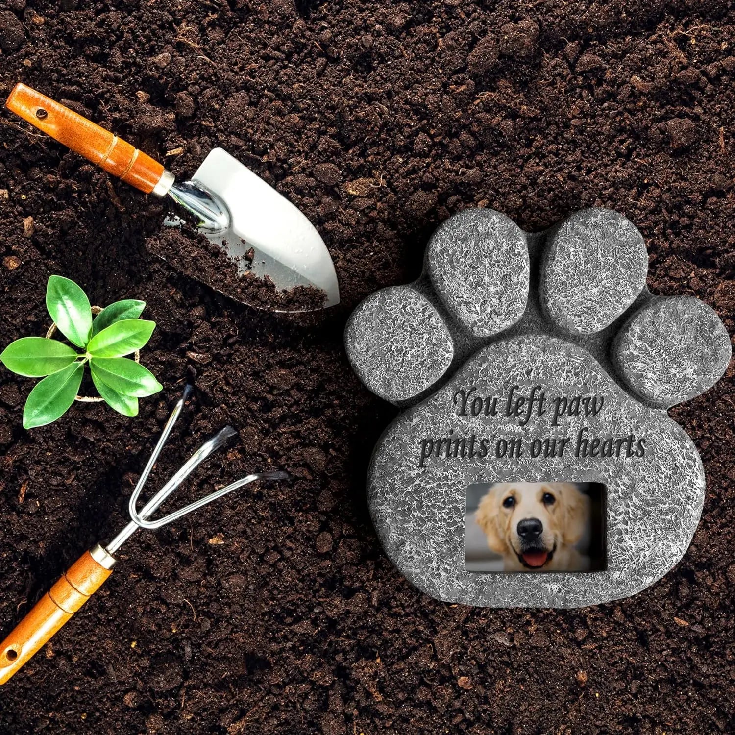 "You Left Paw Prints On Our Hearts" Pet Memorial Stone – Dog & Cat Grave Marker with Photo Frame Slot