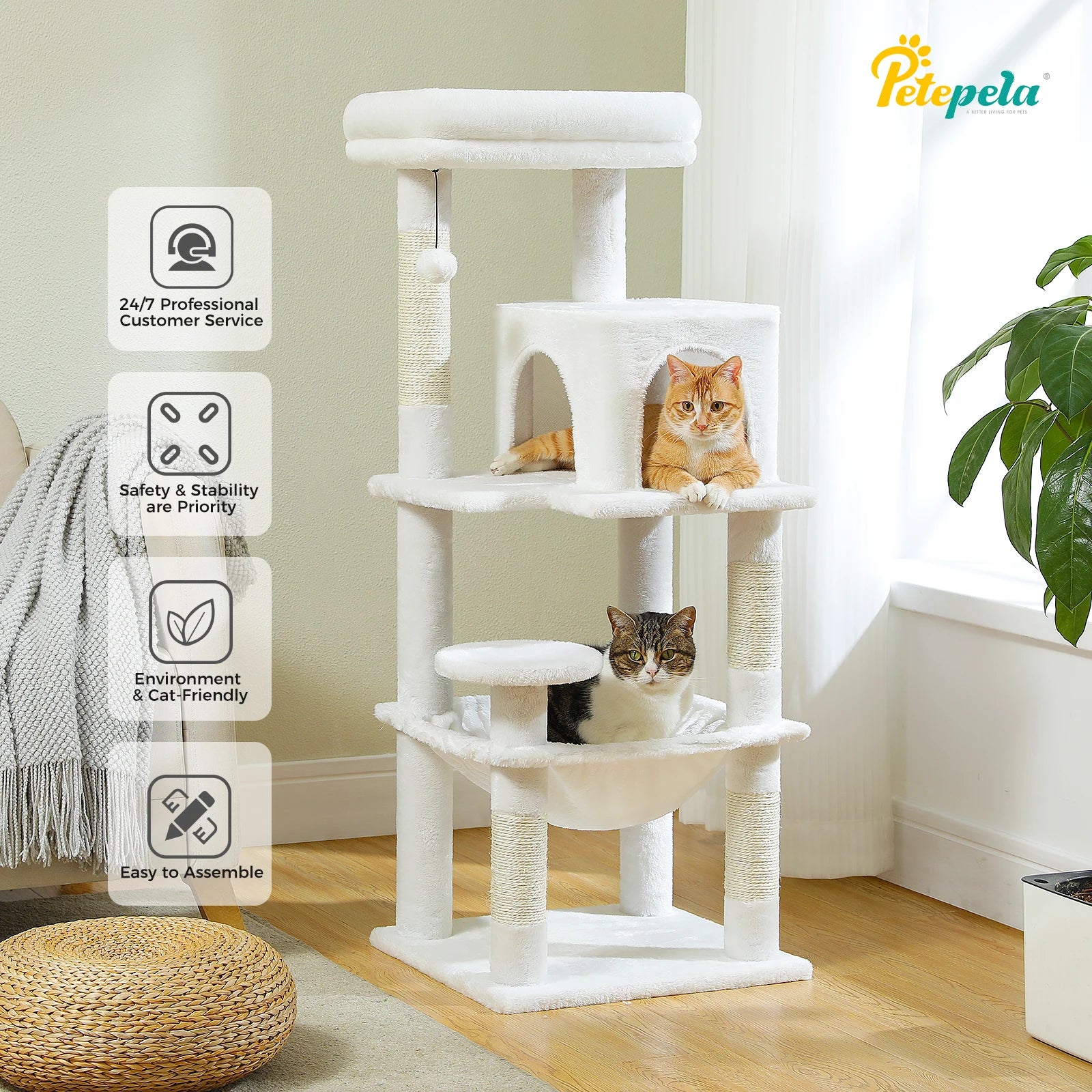 Adjustable Floor-to-Ceiling Cat Tree Tower – Tall Indoor Cat Furniture with Hammock, Cozy Condo & Sisal Scratching Posts