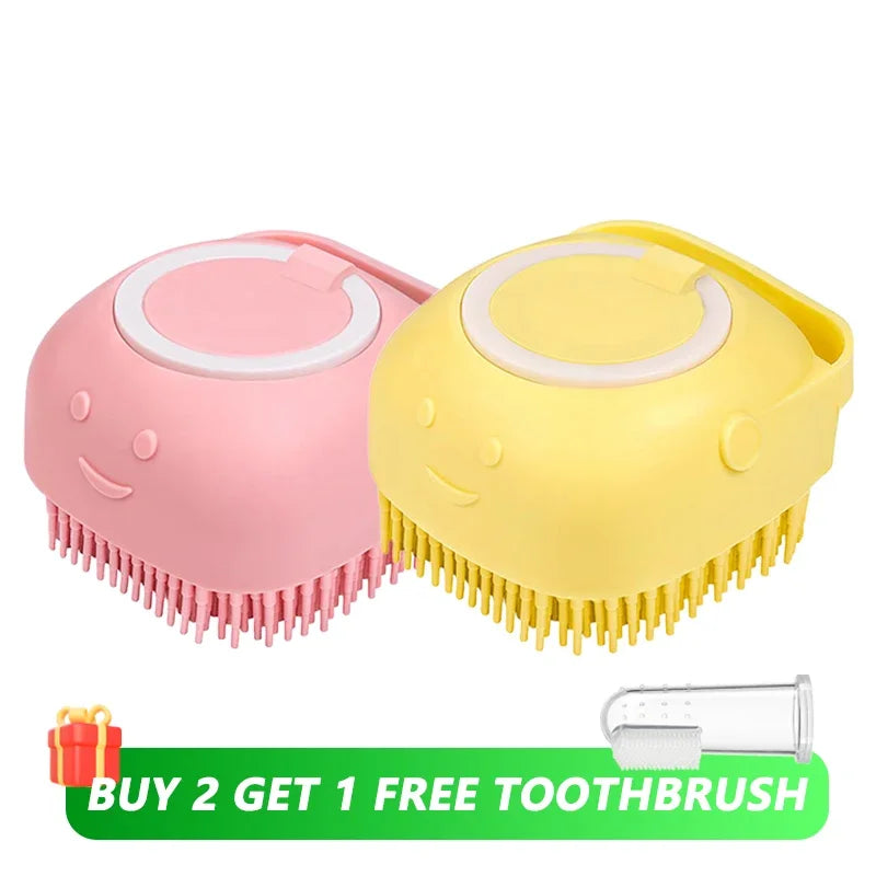Dog Bath Brush – Silicone Pet Shampoo Scrubber & Soap Dispenser, Cat Massage Grooming Comb, Soft Rubber Puppy Cleaning Brush