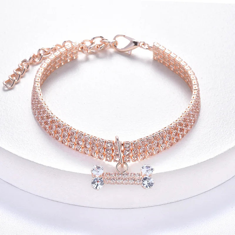 Luxury Adjustable Pet Necklace – Cat & Dog Collar with Diamond Zircon Bone Pendant