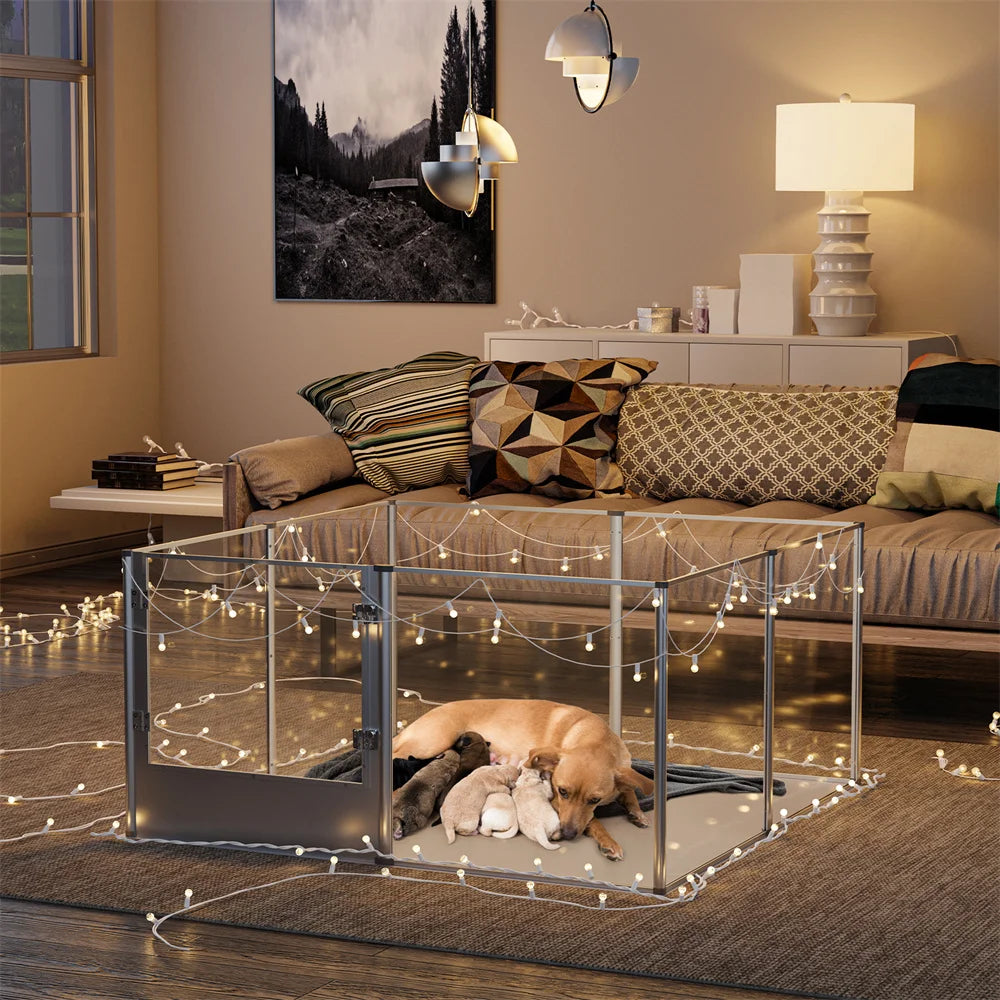 Extra-Large Acrylic Dog Playpen – Transparent Pet Enclosure with Waterproof Whelping Pad for Dogs, Bunnies, Ferrets & Small Animals