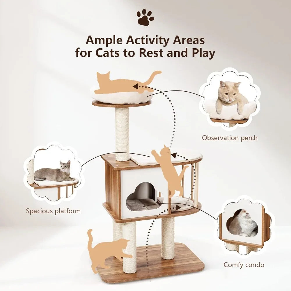 Modern Wood Cat Tree – Indoor Tower with Condo, Scratching Posts & Washable Cushions