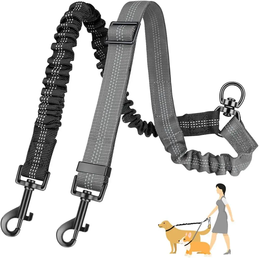 1.6ft Dual Dog Leash Attachment – Adjustable No-Tangle Bungee Coupler for Small to Large Dogs
