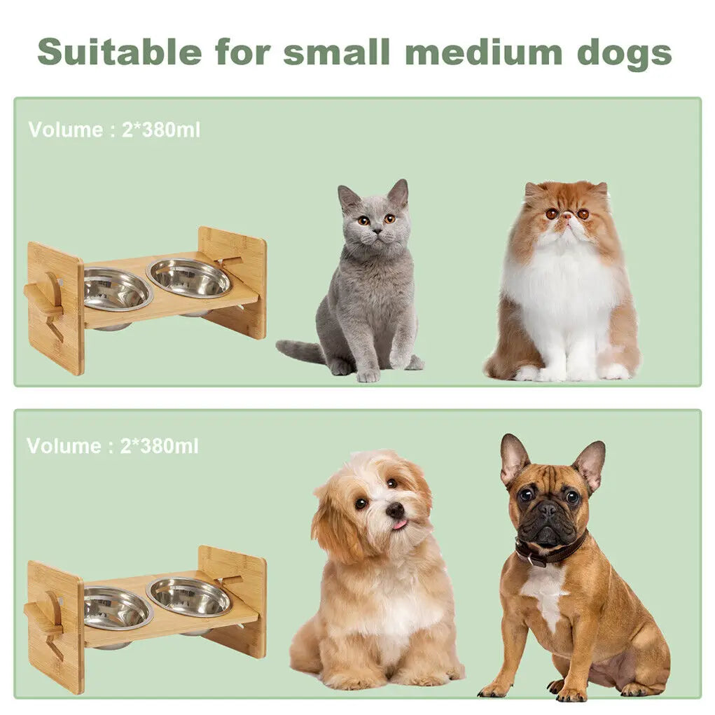 Adjustable Wooden Raised Cat Bowls – Bamboo Stand with Stainless Steel Dishes