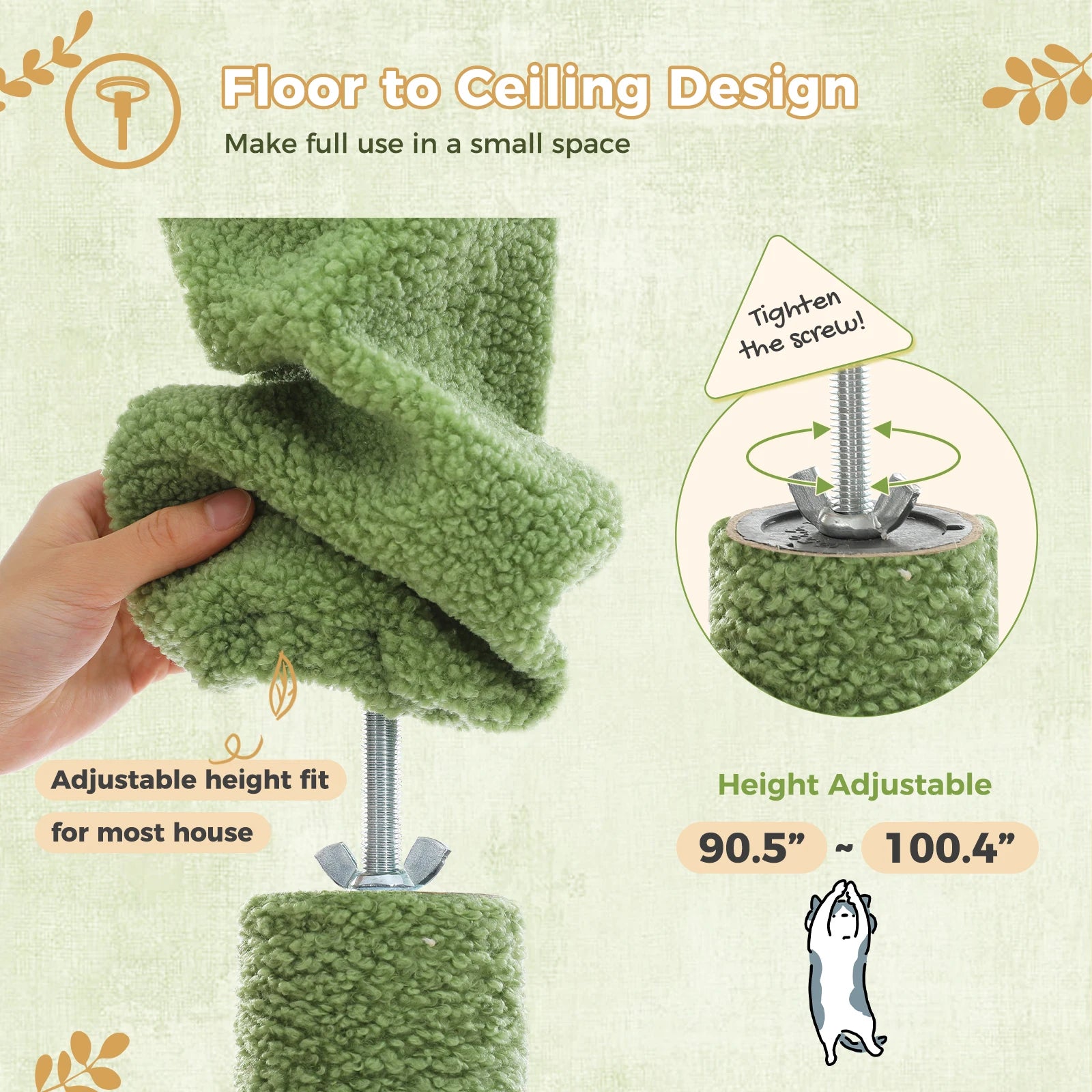 Adjustable Floor-to-Ceiling Cat Tree Tower – Tall Indoor Cat Furniture with Hammock, Cozy Condo & Sisal Scratching Posts