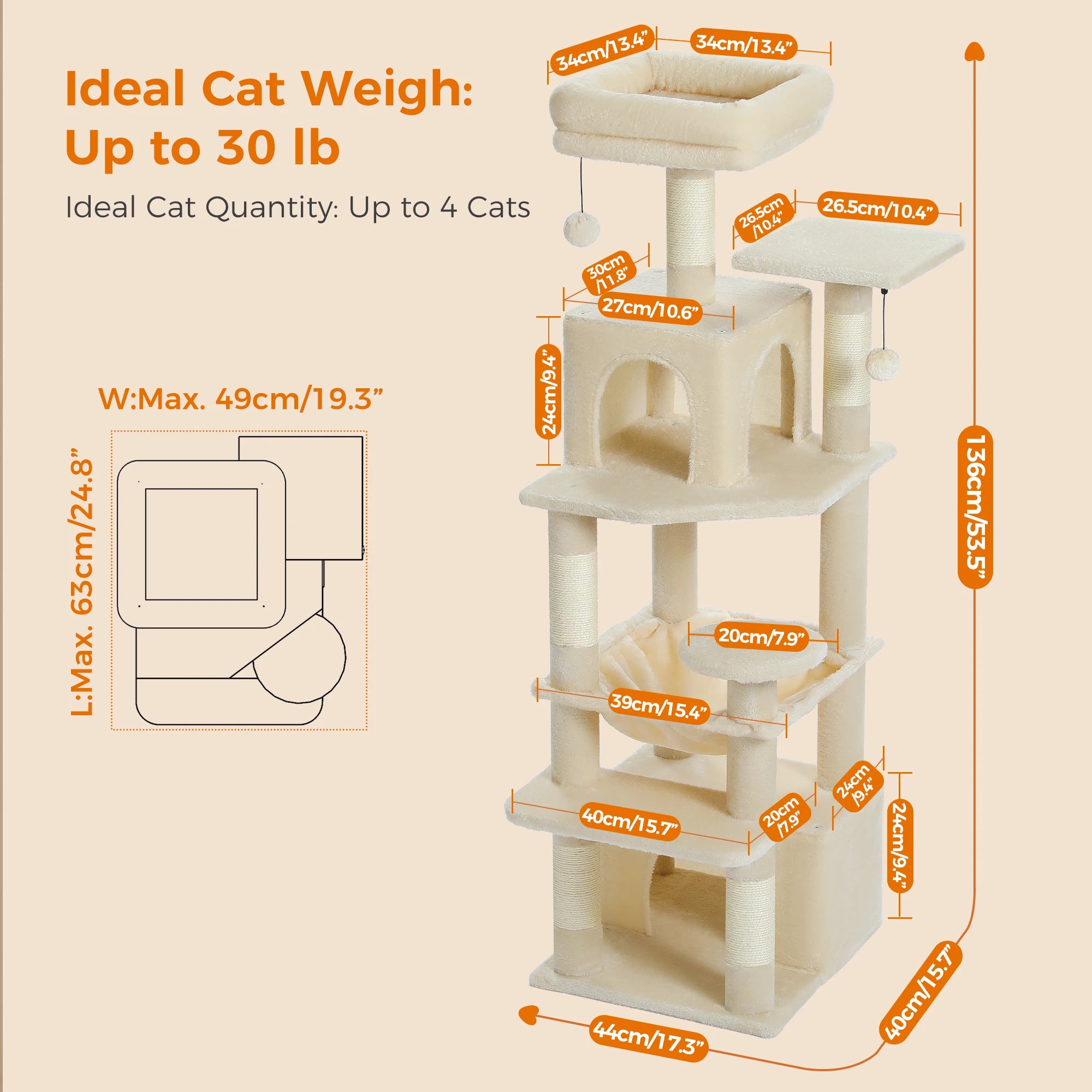 6-Level Multi-Cat Tree Tower with Dual Condos, Double Top Perches, Hammock & 5 Scratching Posts