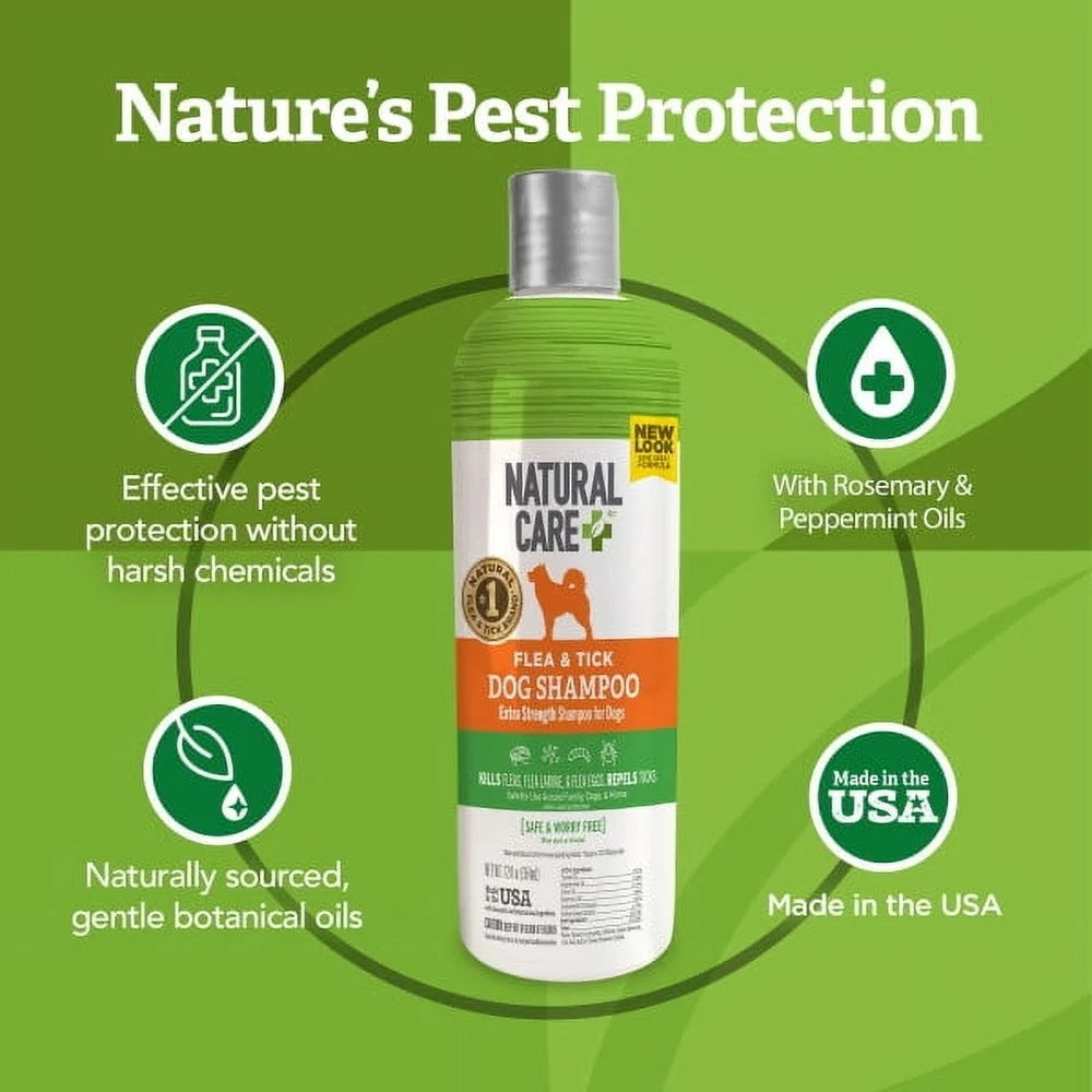 Flea & Tick Dog Shampoo – Peppermint Scent, Extra Strength, Natural Plant Extracts, Safe for Dogs 12 Weeks+, 12oz