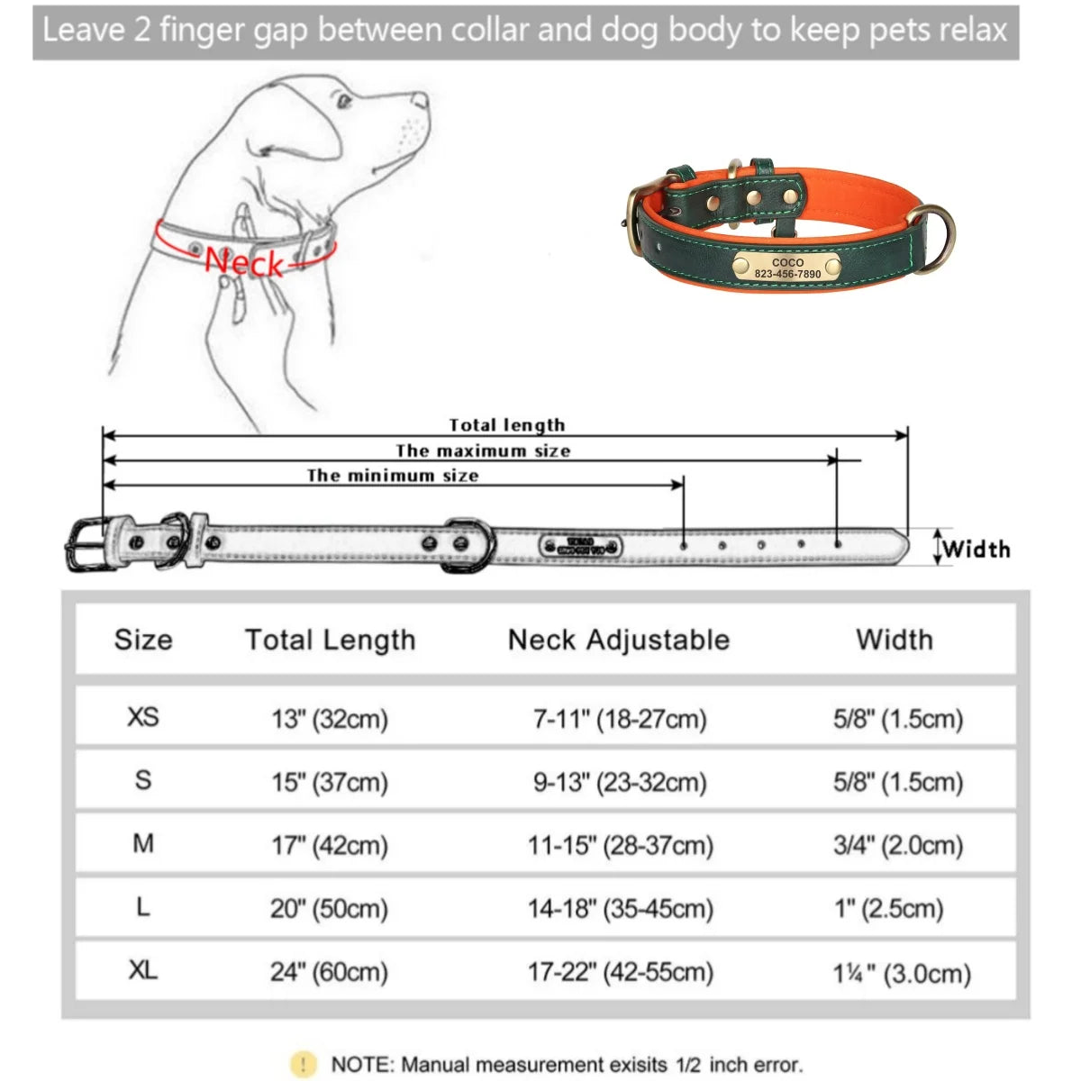 ersonalized Leather Dog Collar with Engraved ID Nameplate – Soft Padded Custom Collar for Small, Medium & Large Dogs