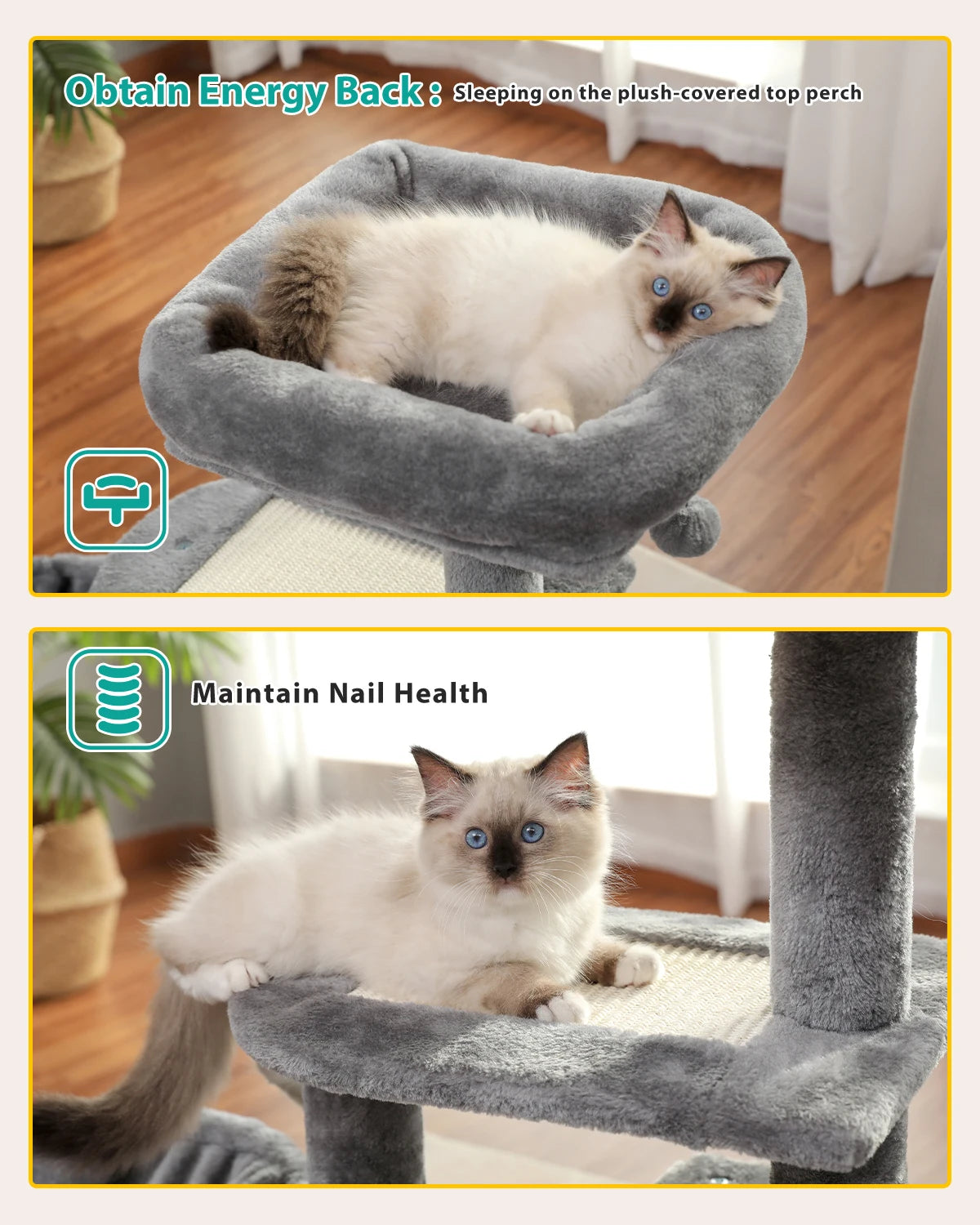 Cat Tree Tower for Indoor Cats – 2 Styles Cat Activity Center with Scratching Posts, Large Hammock & Removable Top Perch (Grey)