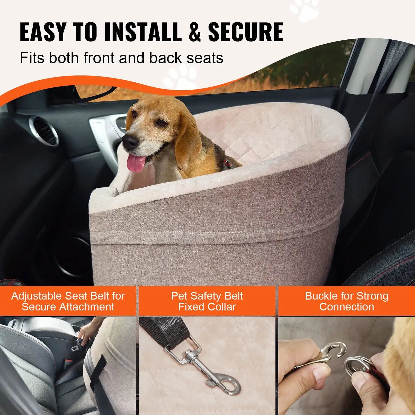 Dog Booster Car Seat – Pet Car Seat for Small & Medium Dogs up to 55 lbs | Travel Safety Carrier (Brown)