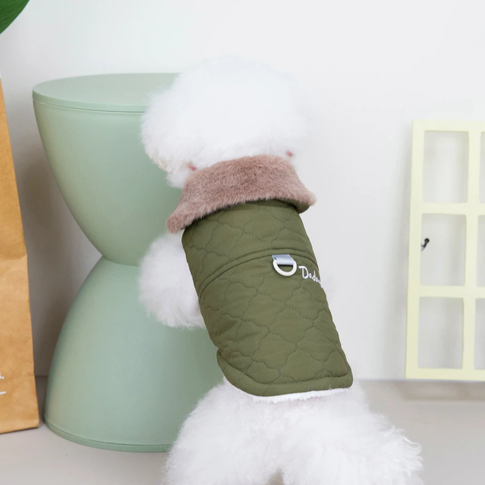 Winter Dog Coat with Fur Collar – Soft Fleece Pet Jacket with D-Ring for Small Dogs & Puppies
