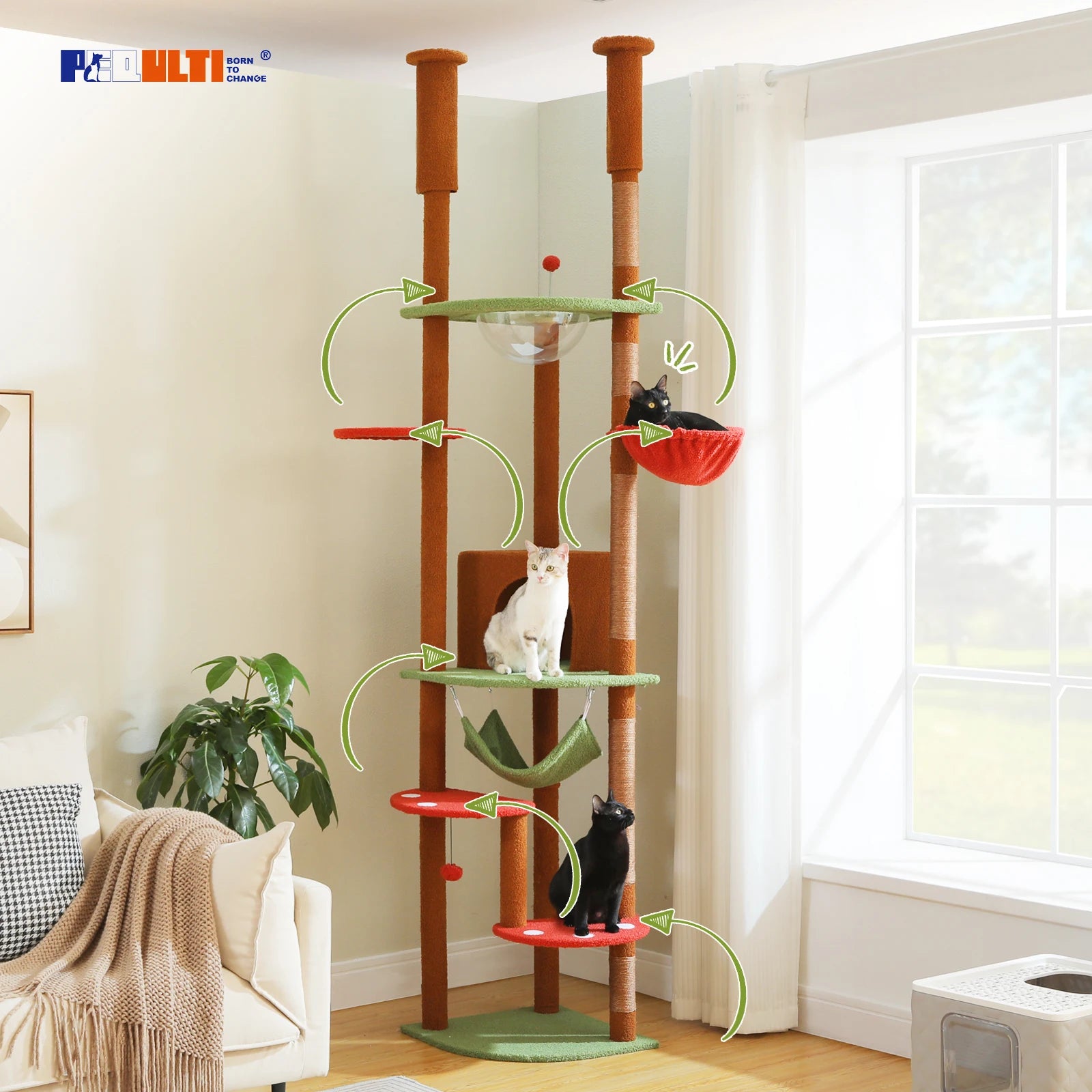 Adjustable Floor-to-Ceiling Cat Tree Tower – Tall Indoor Cat Furniture with Hammock, Cozy Condo & Sisal Scratching Posts