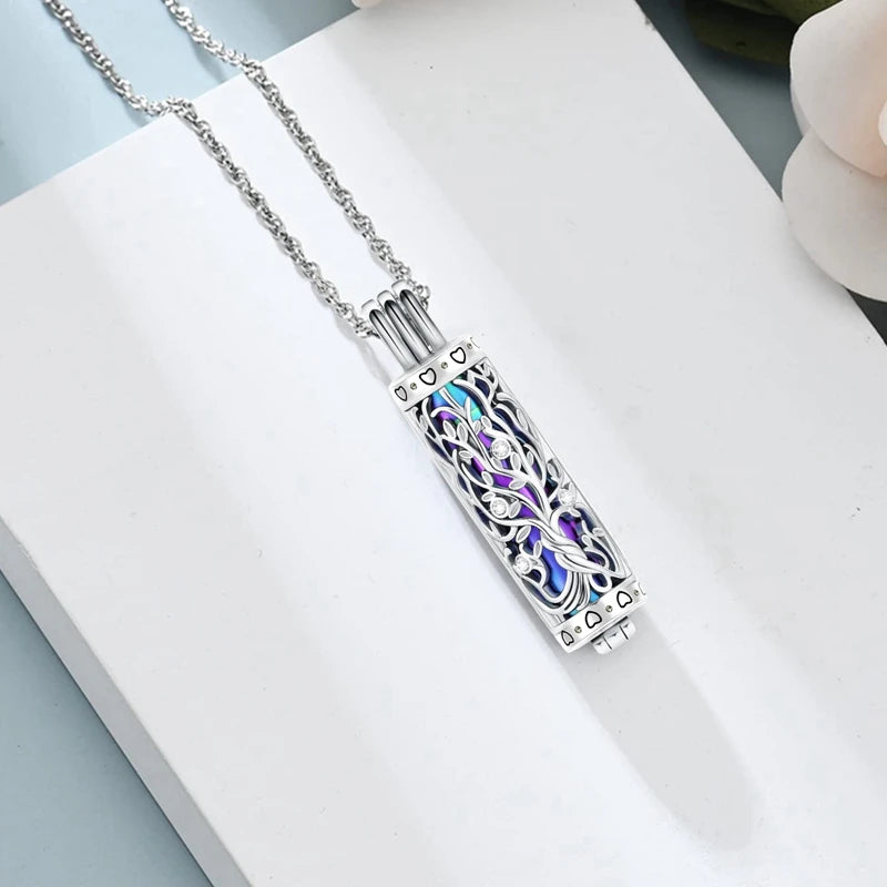 Tree of Life Cylinder Cremation Necklace – Memorial Ash Pendant for Men & Women