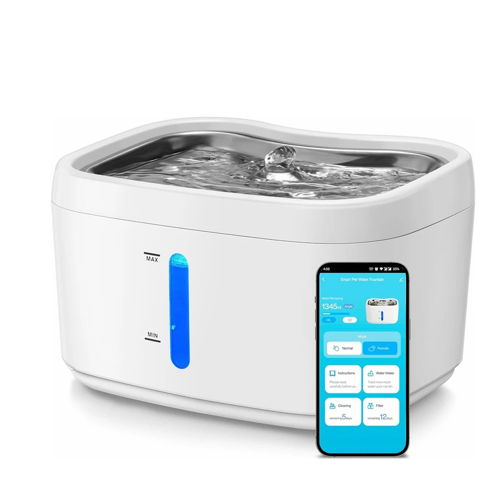 Cat Water Fountain with APP Control – 2.5L / 84oz Automatic Wireless Pet Fountain with Stainless Steel Tray & Weight Sensor
