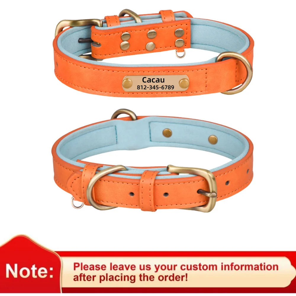 ersonalized Leather Dog Collar with Engraved ID Nameplate – Soft Padded Custom Collar for Small, Medium & Large Dogs
