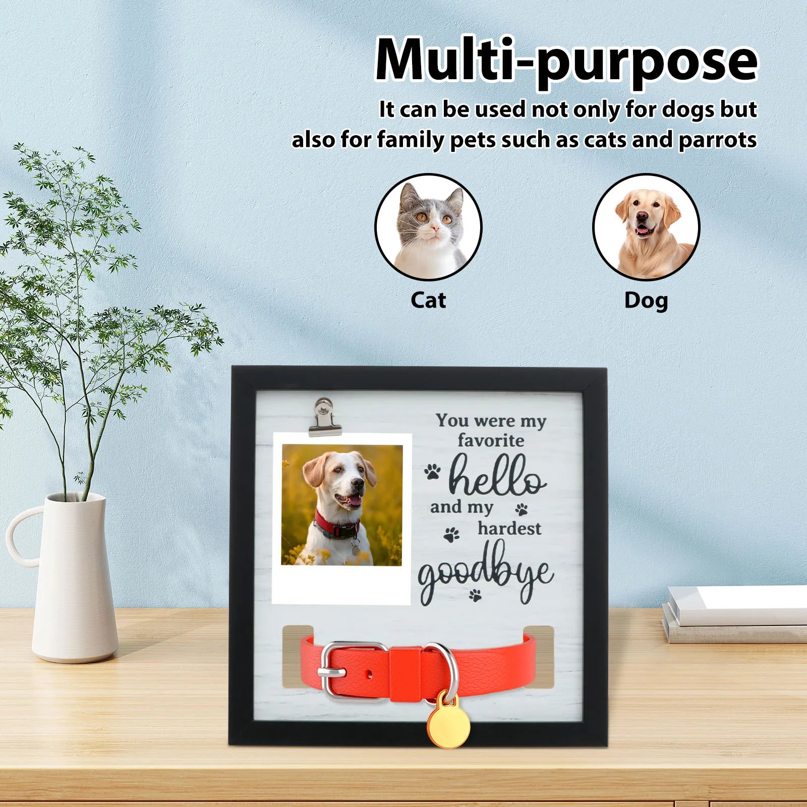 Solid Wood Pet Memorial Photo Frame – Sympathy Gift for Dog & Cat Loss with Hanging Clip & Postcard Display