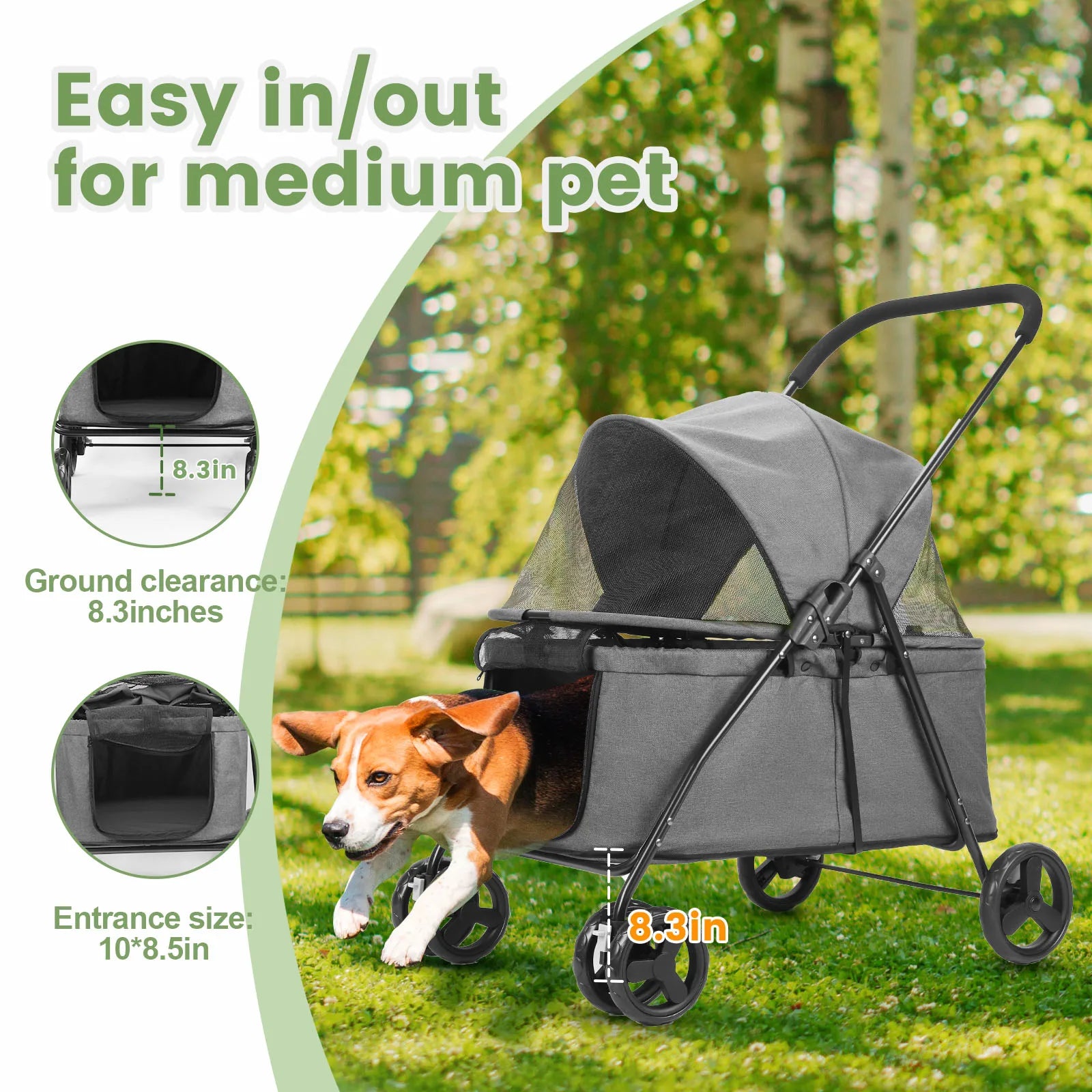Wedyvko Luxury 80 lbs Pet Stroller – 4-Wheel Foldable Dog Stroller with Brakes, Dark Grey