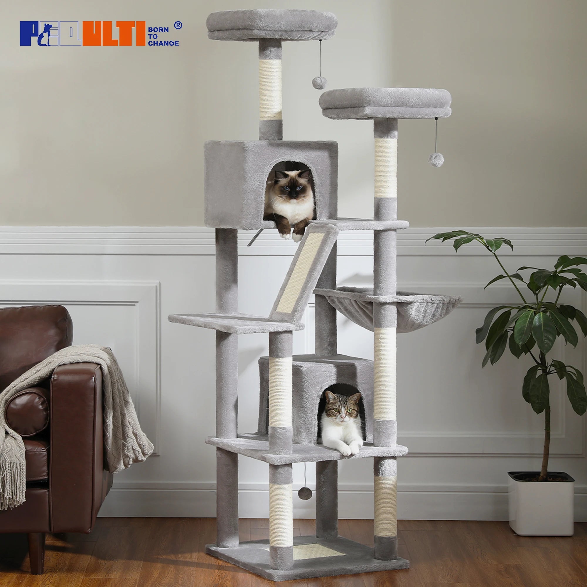 Large Multi-Level Cat Tree Tower – Tall Plush Indoor Cat Condo with Scratching Posts, Perches, Caves & Boards