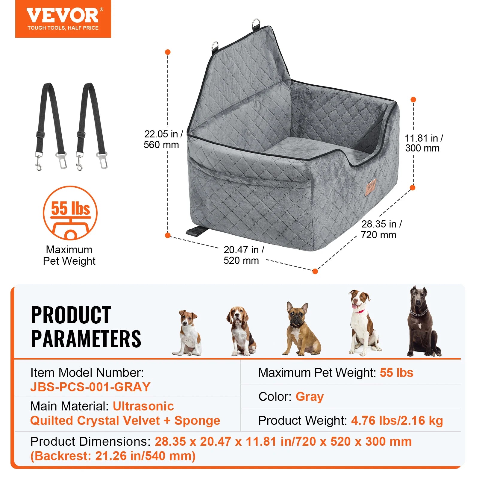 VEVOR Dog Car Seat – Booster Seat with Storage Pocket & Sponge Filling | Travel Car Bed for Medium to Large Dogs up to 55 lbs (Gray)