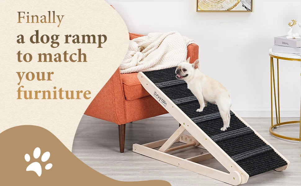 Adjustable Wooden Pet Ramp – 40" Long Dog & Cat Ramp with Non-Slip Carpet Surface and Anti-Skid Foot Pads