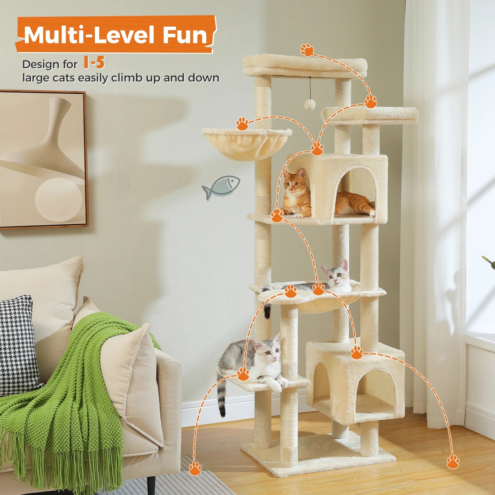 Large Multi-Level Cat Tree Tower – Tall Plush Indoor Cat Condo with Scratching Posts, Perches, Caves & Boards