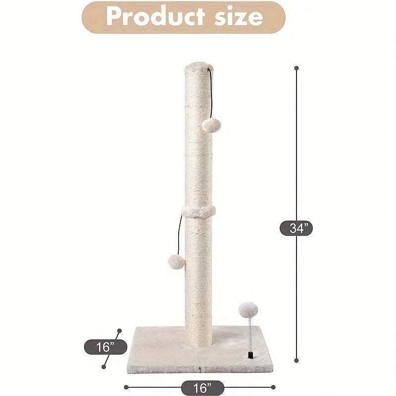 34-Inch High Cat Scratching Post – Premium Indoor Sisal Scratcher with Hanging Ball