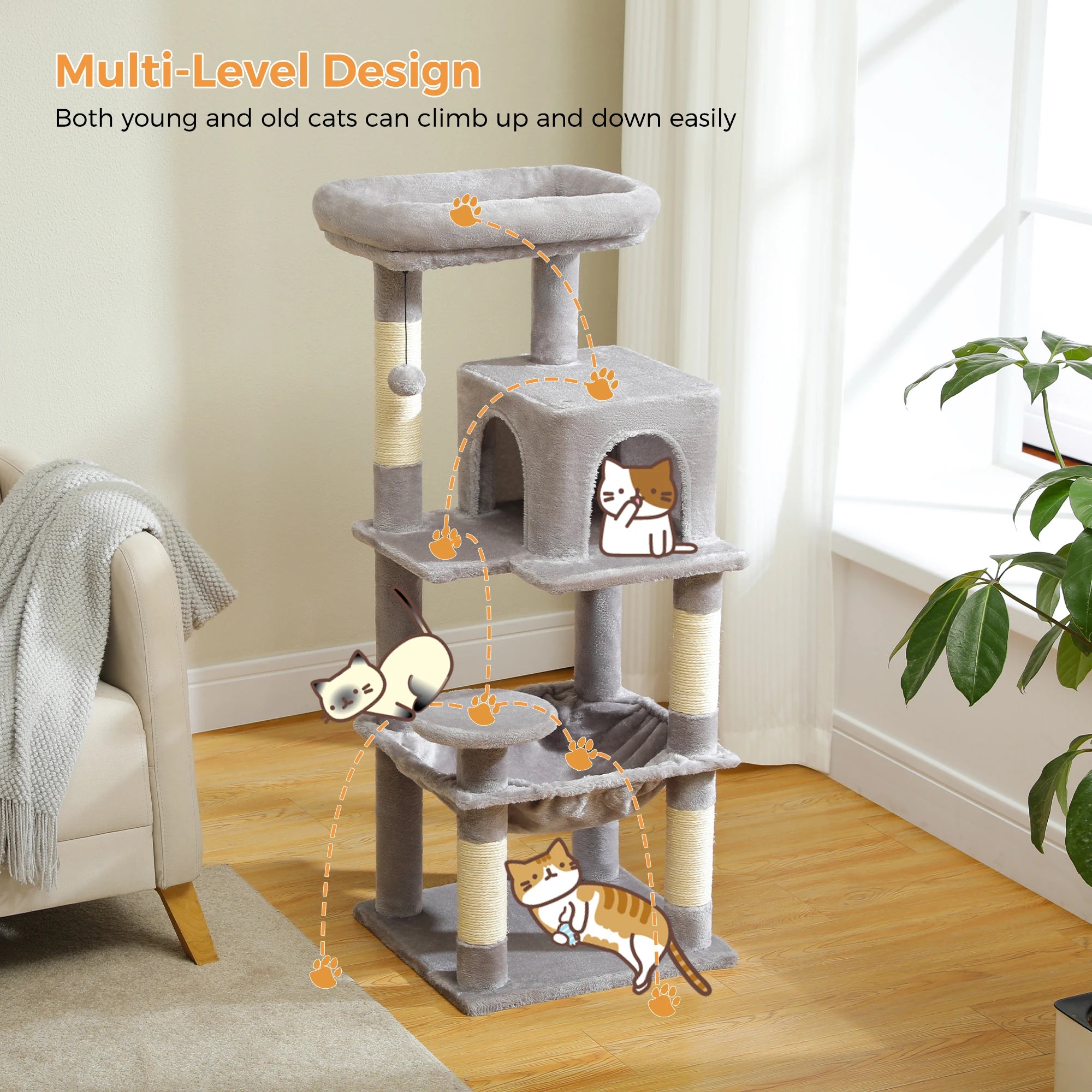 Adjustable Floor-to-Ceiling Cat Tree Tower – Tall Indoor Cat Furniture with Hammock, Cozy Condo & Sisal Scratching Posts