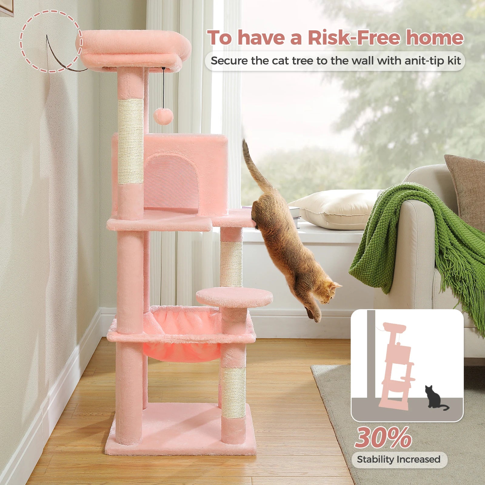 Adjustable Floor-to-Ceiling Cat Tree Tower – Tall Indoor Cat Furniture with Hammock, Cozy Condo & Sisal Scratching Posts