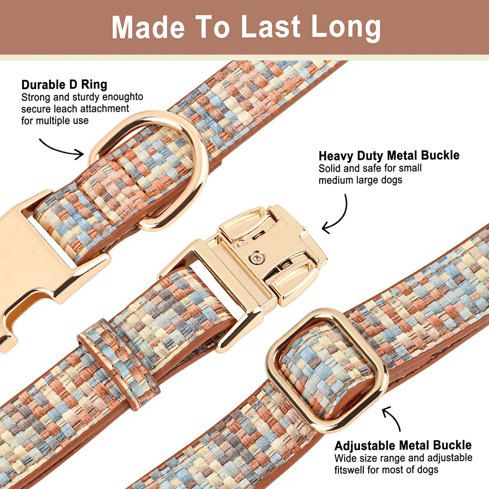 Personalized Plaid Leather Dog Collar with Bowknot – Custom Engraved Pet Collar for Small, Medium & Large Dogs
